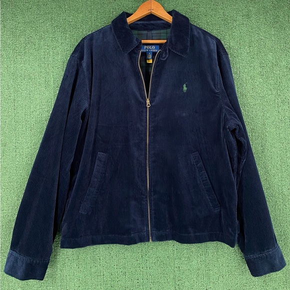 Polo Polo Ralph Lauren Navy Plaid Lining Corduroy Jacket Green Pony Men’s Large - Picture 1 of 9